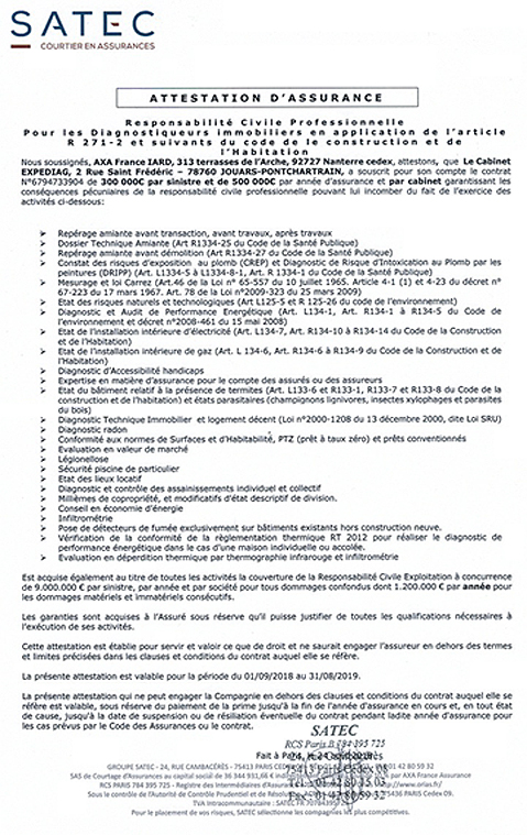 Attestation d'assurance RCP Expediag